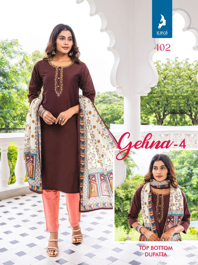 Gehna 4 By Kaya Pure Silk Straight Cut Kurti With Bottom Dupatta Wholesale Online